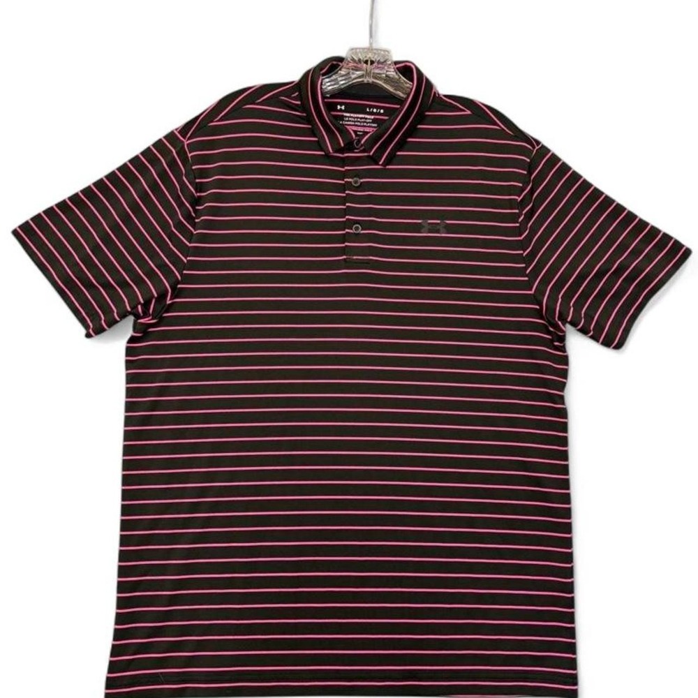 Under Armour The Playoff Polo Black Pink Striped Golf Shirt Mens Large L Loose